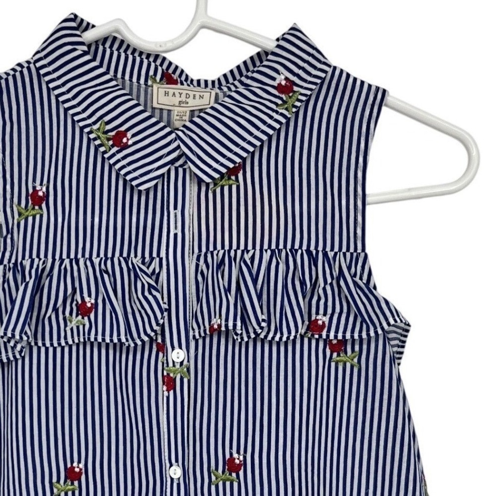 Hayden Girls Sleeveless Top 11/12 Blue White Striped Floral Embroidered Ruffle